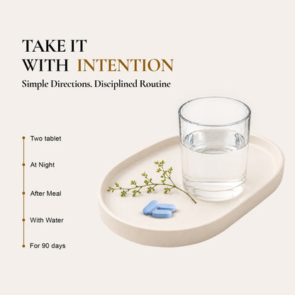 Anuvedic Somna Anu daily supplement routine directions showing two tablets at night, after your meal, with water, for 90 days.