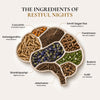 Science-backed Ayurvedic sleep support ingredients including Curcumin, Ashwagandha, Shankhpushpi, Jatamansi, Smriti Sagar Ras, Punarnava, Brahmi, and Kutki for nighttime calm and cognitive balance