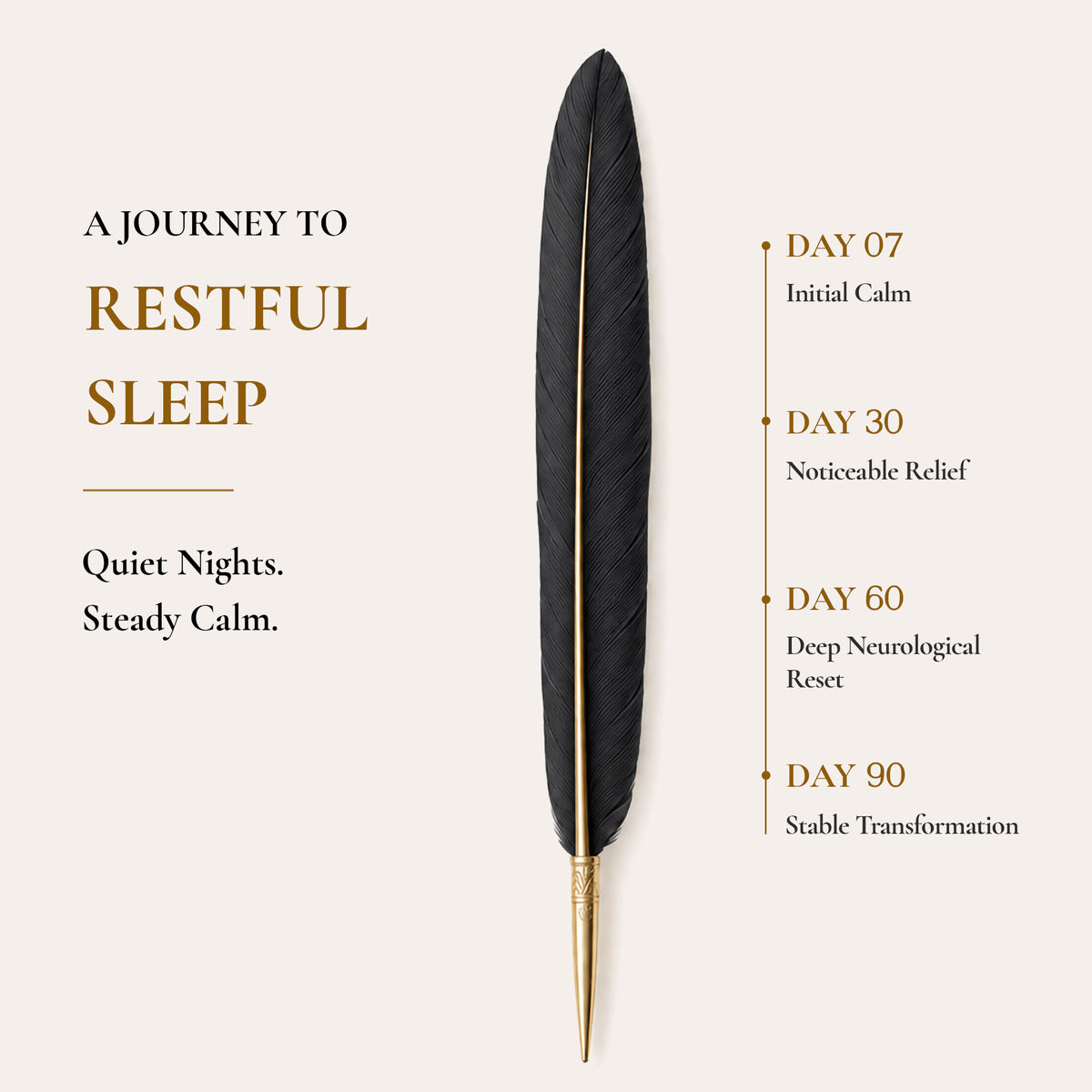A journey to restful sleep. Quiet nights. Steady calm. Day 07 initial calm, Day 30 noticeable relief, Day 60 deep neurological reset, Day 90 stable transformation