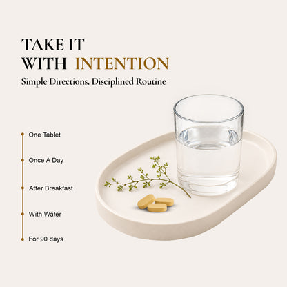 Anuvedic Parkin Anu daily supplement routine directions showing one tablet, once a day, after breakfast, with water, for 90 days.